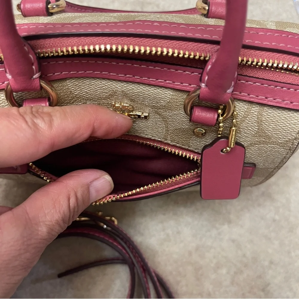 Coach Mini Rowan Signature Tan Canvas Pink Rogue Leather Trim Crossbody Bag